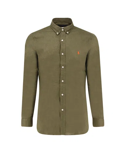 Polo Ralph Lauren Linen Shirt With Embroidered Logo On The Front In Green