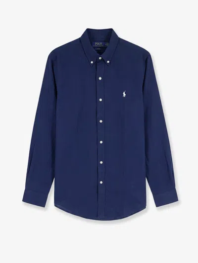 Polo Ralph Lauren Linen Shirt With Embroidered Logo On The Front In Blue