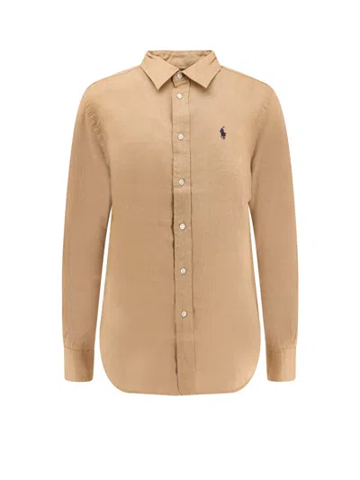 Polo Ralph Lauren Linen Shirt With Logo Embroidery In Brown