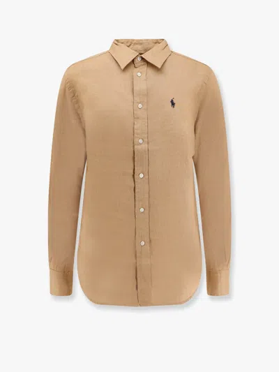 Polo Ralph Lauren Linen Shirt With Logo Embroidery In Beige