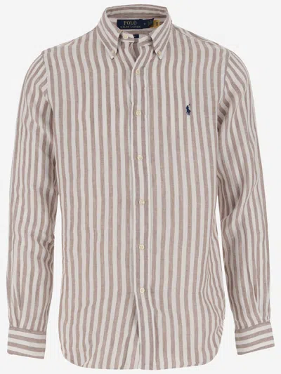 Polo Ralph Lauren Linen Shirt With Striped Pattern And Logo In White/beige