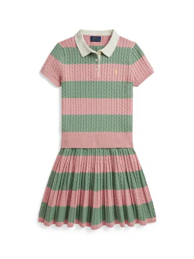 Polo Ralph Lauren Babies' Little Girl's & Girl's 2-piece Cable-knit Striped Polo Shirt & Pleated Skirt Set In Multi