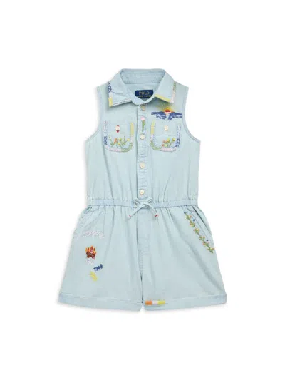 Polo Ralph Lauren Little Girl's & Girl's Chambray Embroidered Sleeveless Romper In Light Summer Wash