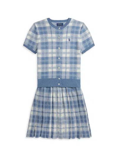 Polo Ralph Lauren Little Girl's & Girl's Plaid Short-sleeve Cardigan & Pleated Skirt Set In Heather Blue Plaid Multi