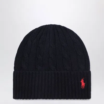 Polo Ralph Lauren Logo Beanie In Cableknit Wool And Cashmere, Hunter Navy In Black