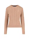 Polo Ralph Lauren Cable Knit Beige Sweater With Logo Embroidery In Nude