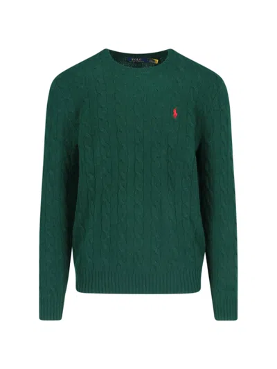 Polo Ralph Lauren Green Cable Knit Crewneck Sweater With Pony Embroidery On The Front In Wool And Cashmere Man