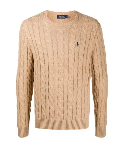 Polo Ralph Lauren Beige Cable Knit Crewneck Sweater With Pony Embroidery On The Front In Wool And Cashmere Man In Nude