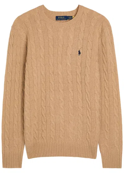 Polo Ralph Lauren Beige Cable Knit Crewneck Sweater With Pony Embroidery On The Front In Wool And Cashmere Man In Nude