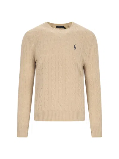 Polo Ralph Lauren Logo Cable Sweater In Beige Wool In Neutral