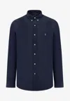 Polo Ralph Lauren Navy Blue Stretch-cotton Button-down Shirt With Signature Motif In Blue
