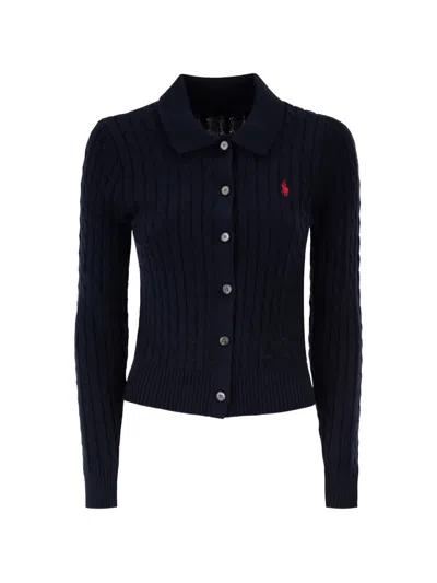 Polo Ralph Lauren Logo-embroidered Cable-knit Cardigan In Blue