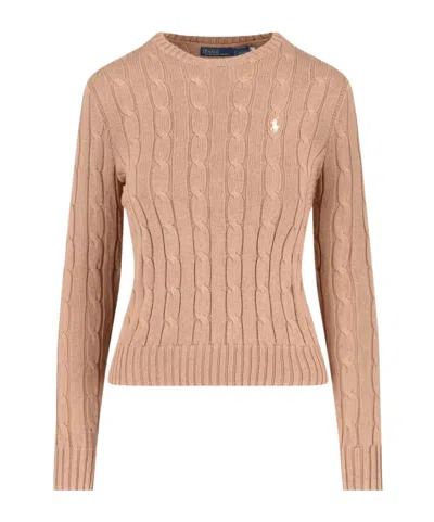 Polo Ralph Lauren Cable Knit Crewneck Sweater Ribbed Hem Cuffs In Pink