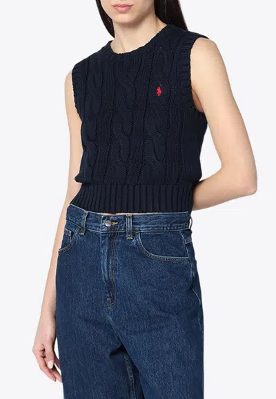 Polo Ralph Lauren Logo Embroidered Cable-knit Vest In Blue