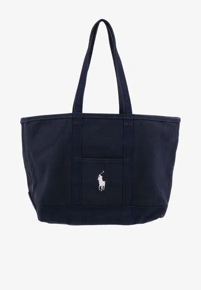 Polo Ralph Lauren Logo Embroidered Denim Tote Bag In Blue