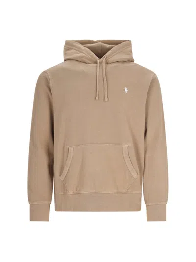 Polo Ralph Lauren Logo Embroidered Drawstring Hoodie In Beige