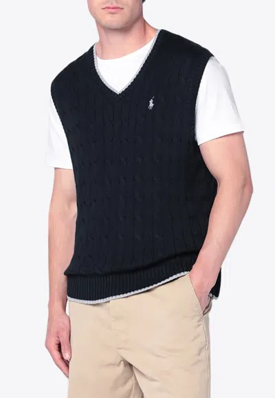 Polo Ralph Lauren Logo Embroidered Knitted Sweater Vest In Blue