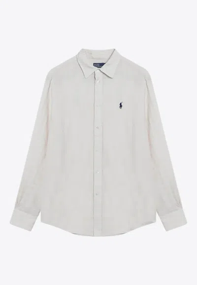 Polo Ralph Lauren Logo-embroidered Linen Long-sleeved Shirt In White
