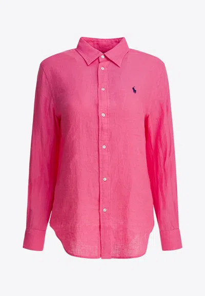 Polo Ralph Lauren Logo Embroidered Linen Shirt In Pink