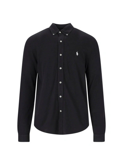 Polo Ralph Lauren Logo Embroidered Long-sleeved Shirt In Black