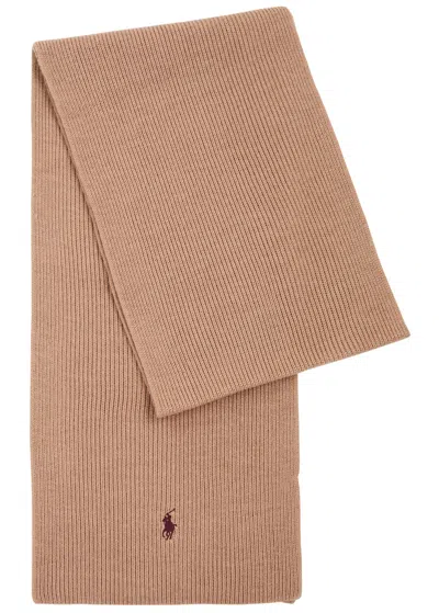 Polo Ralph Lauren Logo-embroidered Ribbed Wool Scarf In Brown