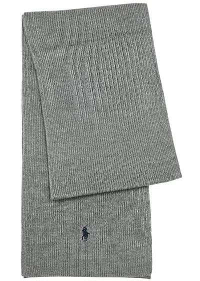 Polo Ralph Lauren Logo-embroidered Ribbed Wool Scarf In Grey