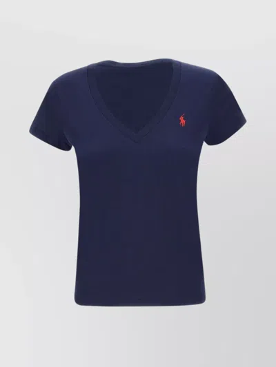 Polo Ralph Lauren Logo Embroidered V-neck Cotton T-shirt In Blue