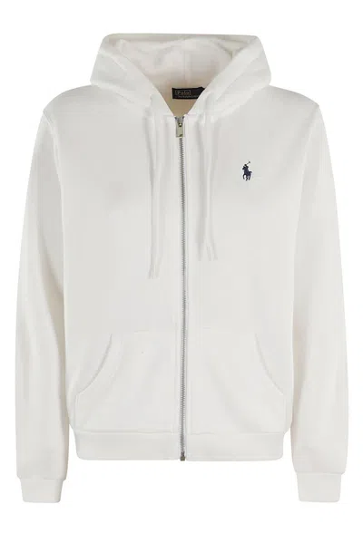 Polo Ralph Lauren Logo Embroidered Zipped Drawstring Hoodie  In White