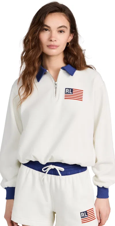 Polo Ralph Lauren Logo Flag Fleece Half Zip Sweatshirt Deckwash White