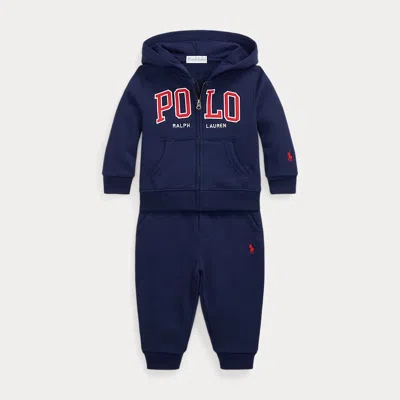 Polo Ralph Lauren Babies' Logo Fleece Full-zip Hoodie & Pant Set In Refined Navy/wine