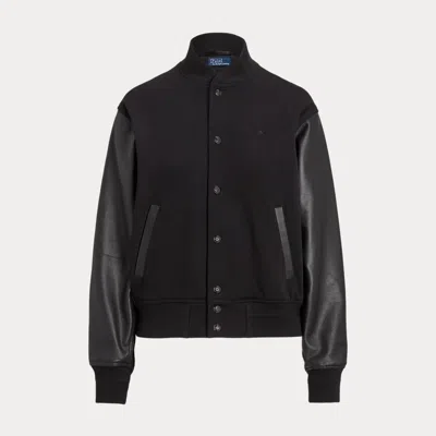 Polo Ralph Lauren Logo Leather-trim Fleece Bomber Jacket In Black