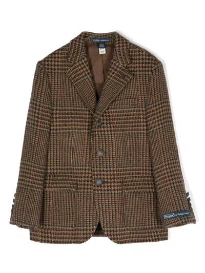 Polo Ralph Lauren Kids' Logo-patch Herringbone-pattern Blazer In Brown