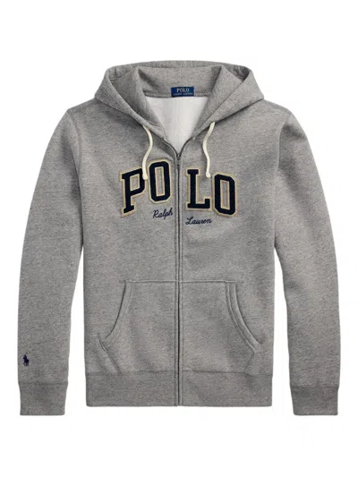 Polo Ralph Lauren Logo-patch Zip-up Hoodie In Gray