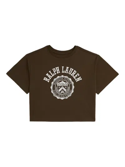 Polo Ralph Lauren Kids' Logo-print Cropped T-shirt In Brown