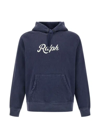 Polo Ralph Lauren Vintage Print Hoodie Drawstring Hood Kangaroo Pocket In Blue