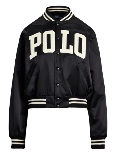 Polo Ralph Lauren Logo Satin Bomber Jacket In Black