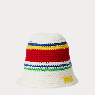 Polo Ralph Lauren Logo Striped Crochet Bucket Hat In White