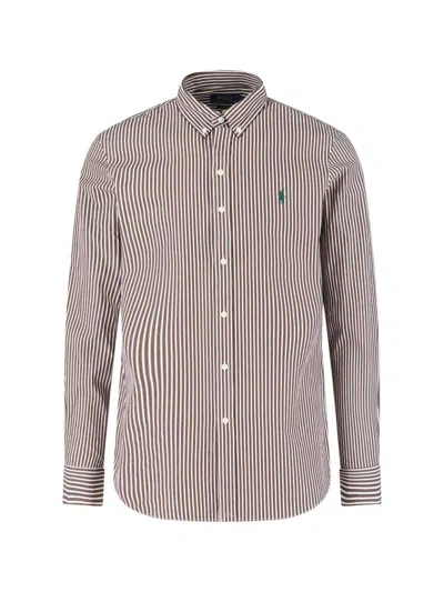 Polo Ralph Lauren Logo Striped Shirt In Brown