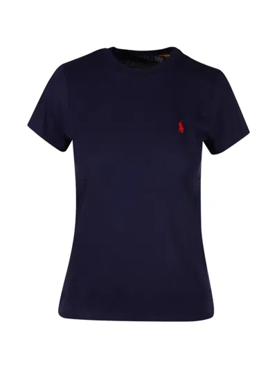 Polo Ralph Lauren Blue Crewneck T-shirt With Contrasting Logo Embrodery In Cotton Woman