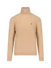 Polo Ralph Lauren Cable Knit Turtleneck Sweater With Embroidered Logo In Nude