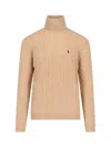 Polo Ralph Lauren Cable Knit Turtleneck Sweater With Embroidered Logo In Brown