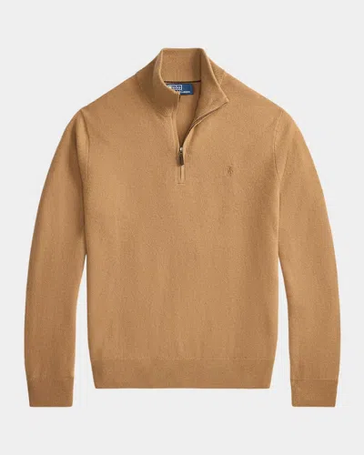 Polo Ralph Lauren Logo Wool Quarter-zip Sweater In Brown