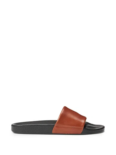 Polo Ralph Lauren Logo-embossed Leather Slides In Brown