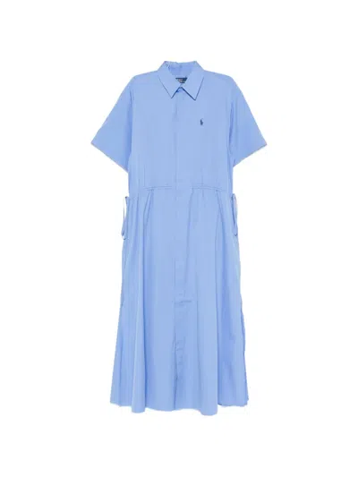 Polo Ralph Lauren Logo-embroidered Drawstring-waist Midi Shirt Dress In Blue