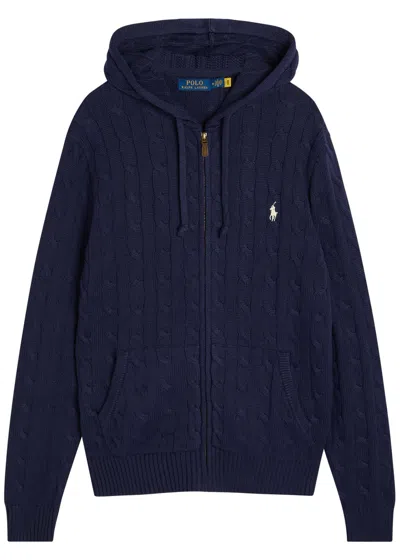 Polo Ralph Lauren Logo-embroidered Hooded Cable-knit Cotton Jumper In Blue