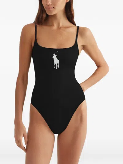 Polo Ralph Lauren Logo-embroidered Scoop-neck Swimsuit In Black