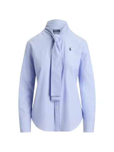 Polo Ralph Lauren Polo-style Collared Blouse With Decorative Bow And Button Front In Blue
