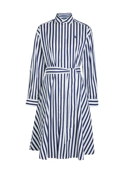 Polo Ralph Lauren Logo-embroidered Striped Cotton-poplin Midi Shirt Dress In Blue