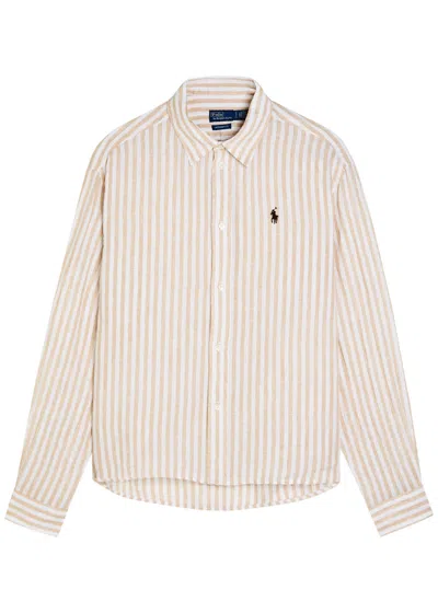 Polo Ralph Lauren Logo-embroidered Striped Cropped Linen Shirt In Neutral
