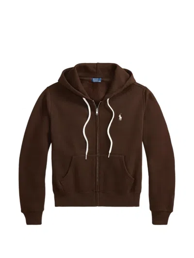Polo Ralph Lauren Logo-embroidered Zip-up Hoodie In Brown